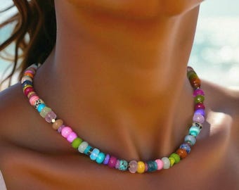 Rainbow Multi Gemstone Necklace, Natural Semi-Precious Rondelle Beads 14k Gold: The Mosaic II Necklace