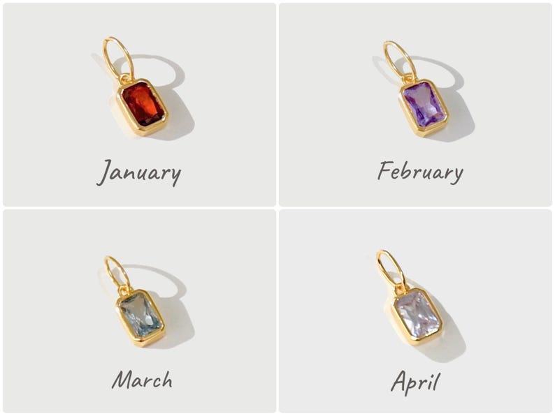 Gold birthstone charms featuring bezel-set gemstones for each month, designed for custom necklaces and bracelets.  14k gold vermeil 925 Sterling silver