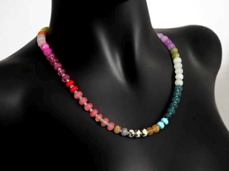 A rainbow multi-gemstone necklace from natural semi precious gemstones and apatite beads.  This necklace is sure to add a pop of color to any outfit