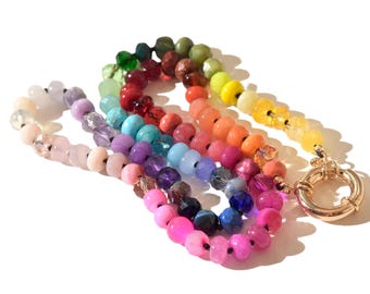 Hand-Knotted Rainbow Gemstone Necklace – Statement Jewelry, Chunky Ombré Beads,  Boho Artisan Gift, Stocking Stuffer