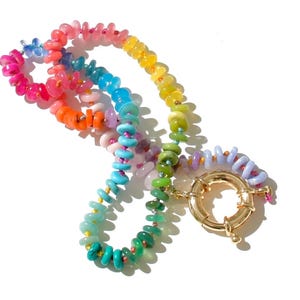 May include: A rainbow colored beaded necklace with a gold clasp. The beads are in a variety of shapes and sizes, and they are strung on a thin cord.