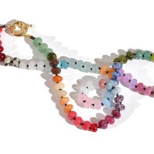Candy Colored Beaded Gemstone Choker Necklace featuring amethysts, citrines, sunstone, jades, rose quartz & opal rainbow beads.   It is a beautiful Boho Chic Statement necklace for the Summer in bright neon pinks, purples, oranges, greens & yellows.