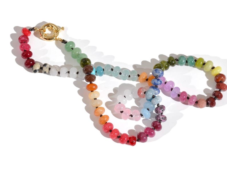 Candy Colored Beaded Gemstone Choker Necklace featuring amethysts, citrines, sunstone, jades, rose quartz & opal rainbow beads.   It is a beautiful Boho Chic Statement necklace for the Summer in bright neon pinks, purples, oranges, greens & yellows.