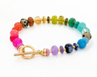 Rainbow Gemstone Bracelet: Gold Vermeil Toggle, Boho Chic Jewelry