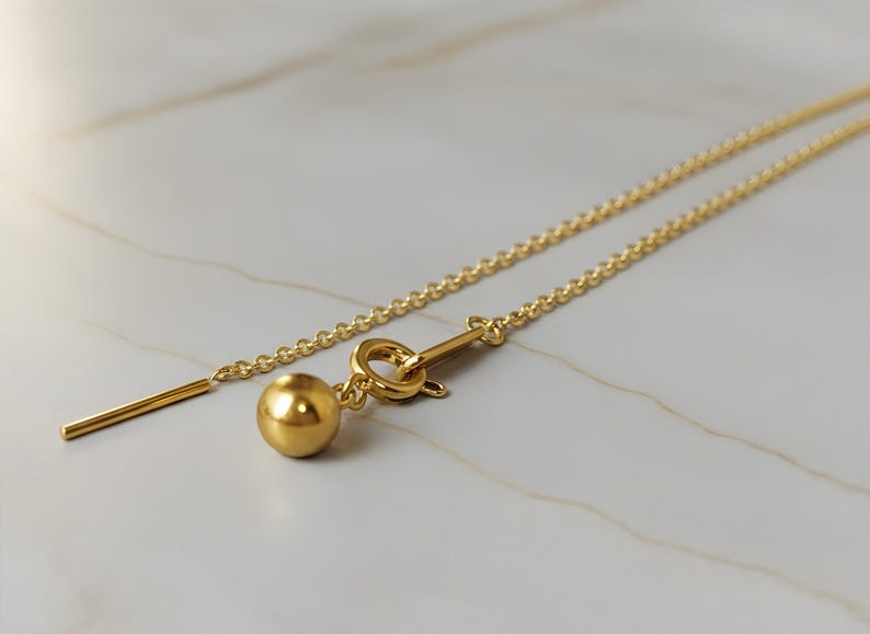 14k gold chain threader necklace with delicate bar needle. minimalist jewelry for her.