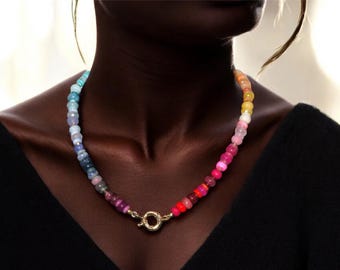 Regenbogen Ombre Edelsteinkette - 14k Gold Vermeil, langer Boho Statement Schmuck