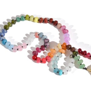 Candy Colored Beaded Gemstone Choker Necklace featuring amethysts, citrines, sunstone, jades, rose quartz & opal rainbow beads.   It is a beautiful Boho Chic Statement necklace for the Summer in bright neon pinks, purples, oranges, greens & yellows.