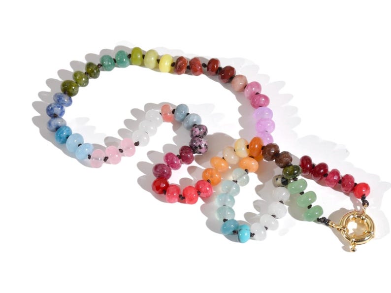 Candy Colored Beaded Gemstone Choker Necklace featuring amethysts, citrines, sunstone, jades, rose quartz & opal rainbow beads.   It is a beautiful Boho Chic Statement necklace for the Summer in bright neon pinks, purples, oranges, greens & yellows.