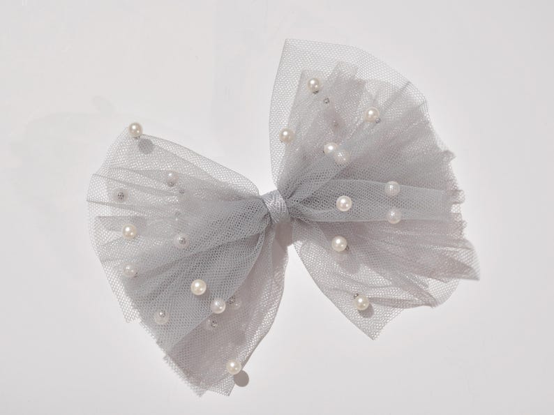 Big bow clips w/ ivory tulle and pearls, for wedding hair updos, bridal hair piece, bridal hair clip & comb, flowering girl hair clip, wedding hair accessories, bridesmaids accessories, flower girl headband, gray bow, dusty rose pink bow with pearls