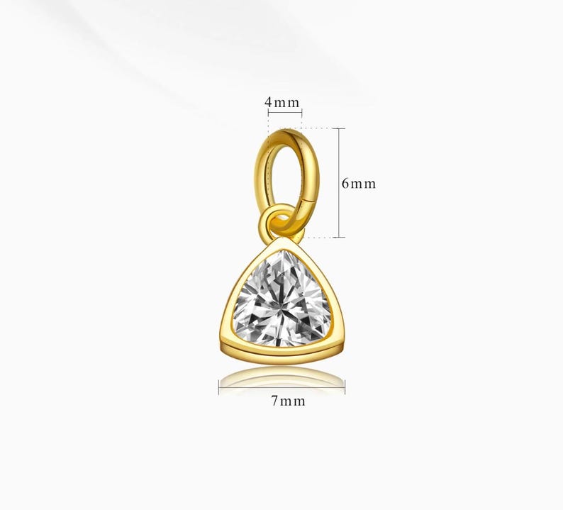 14k gold vermeil birthstone charms in a triangular bezel setting, each featuring a different colored gemstone, arranged neatly on a white background. Designed for necklaces and bracelets.