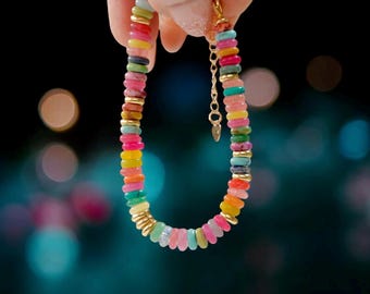 Rainbow Gemstone Bracelet | Bright Handmade Beaded Bracelet with 14k Gold | Colorful Stacking Jewelry for Her