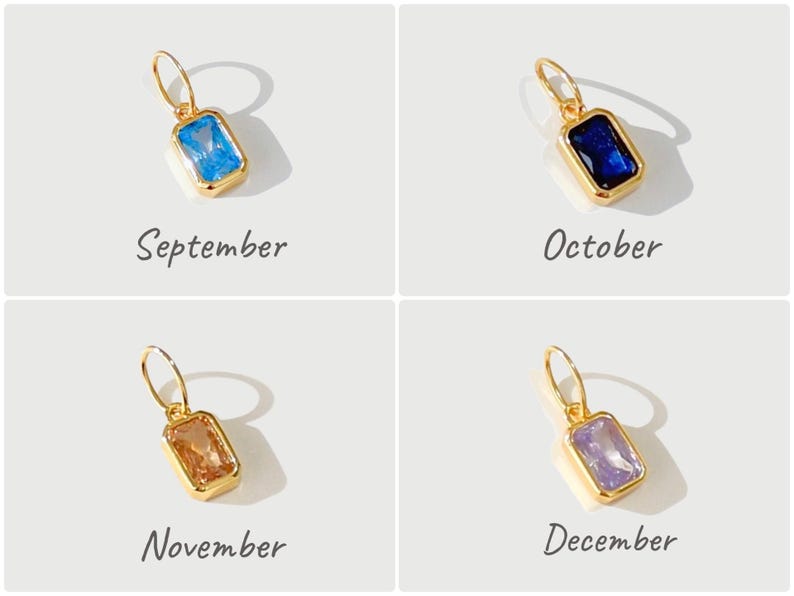Gold birthstone charms featuring bezel-set gemstones for each month, designed for custom necklaces and bracelets.  14k gold vermeil 925 Sterling silver