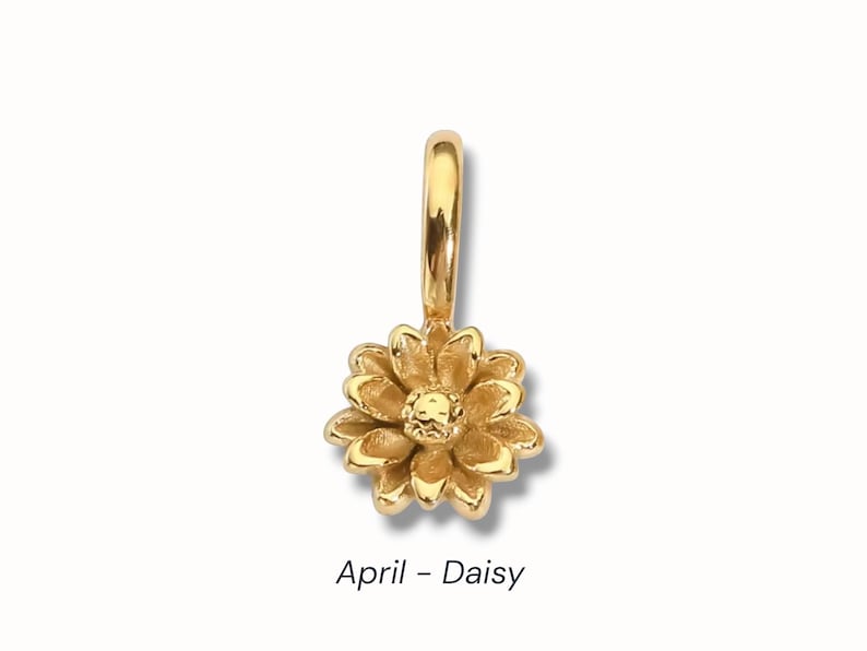 Gold birth flower charm representing each month, featuring a delicate embossed floral design on a round gold pendant — a personalized jewelry gift for her.