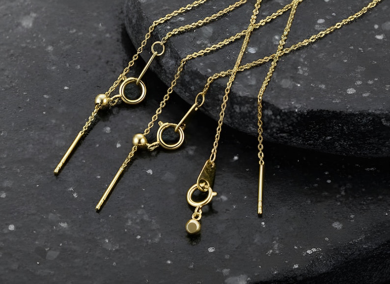 14k gold chain threader necklace with delicate bar needle. minimalist jewelry for her.