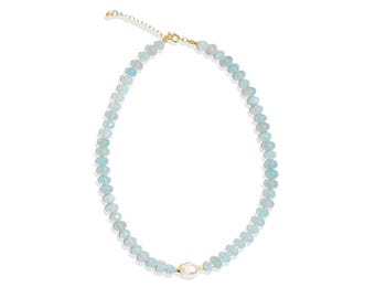 Aquamarin Edelstein Halskette, Halbedelstein Halskette, Perlen Boho Chic & Anthropologie