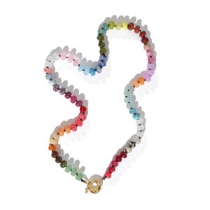 Candy Colored Beaded Gemstone Choker Necklace featuring amethysts, citrines, sunstone, jades, rose quartz & opal rainbow beads.   It is a beautiful Boho Chic Statement necklace for the Summer in bright neon pinks, purples, oranges, greens & yellows.