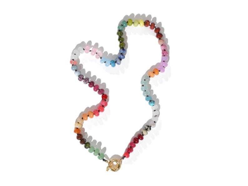 Candy Colored Beaded Gemstone Choker Necklace featuring amethysts, citrines, sunstone, jades, rose quartz & opal rainbow beads.   It is a beautiful Boho Chic Statement necklace for the Summer in bright neon pinks, purples, oranges, greens & yellows.