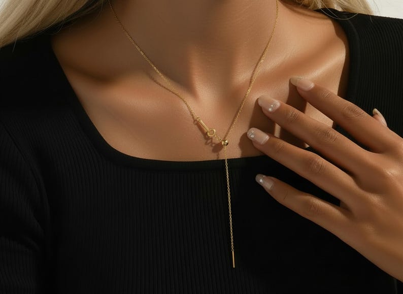 14k gold chain threader necklace with delicate bar needle. minimalist jewelry for her.