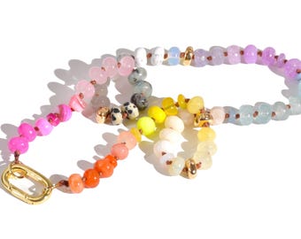 Colorful Multi Gemstone Knotted Necklace with Neon Rondelle Beads, Boho Chic & Anthropologie