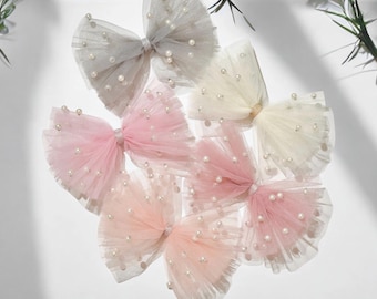 Handmade Tulle Pearl Bow – Flower Girl Hair Clip or Headband