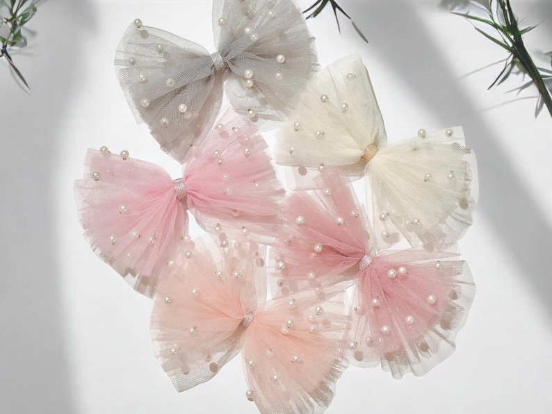 Big bow clips w/ ivory tulle and pearls, for wedding hair updos, bridal hair piece, bridal hair clip & comb, flowering girl hair clip, wedding hair accessories, bridesmaids accessories, flower girl headband, gray bow, dusty rose pink bow with pearls