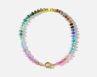 Regenbogen Edelstein Halskette: Lange Boho Statement Schmuck, Opal Candy Halskette
