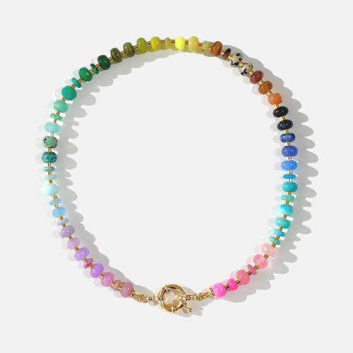 Collar con piedras preciosas arcoíris ombré: joyería bohemia con cuentas largas y capas, collar de ópalo con caramelo.