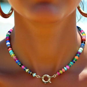 Rainbow Multi Gemstone Necklace with Colorful Beads, Beaded Choker Necklace for Women,  Cute Gem Jewelry