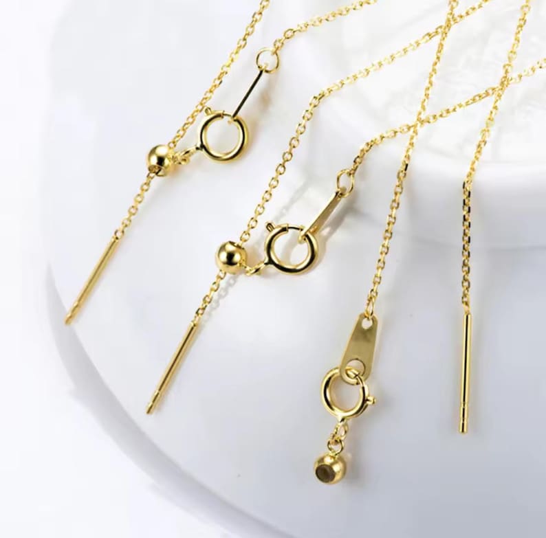 14k gold chain threader necklace with delicate bar needle. minimalist jewelry for her.