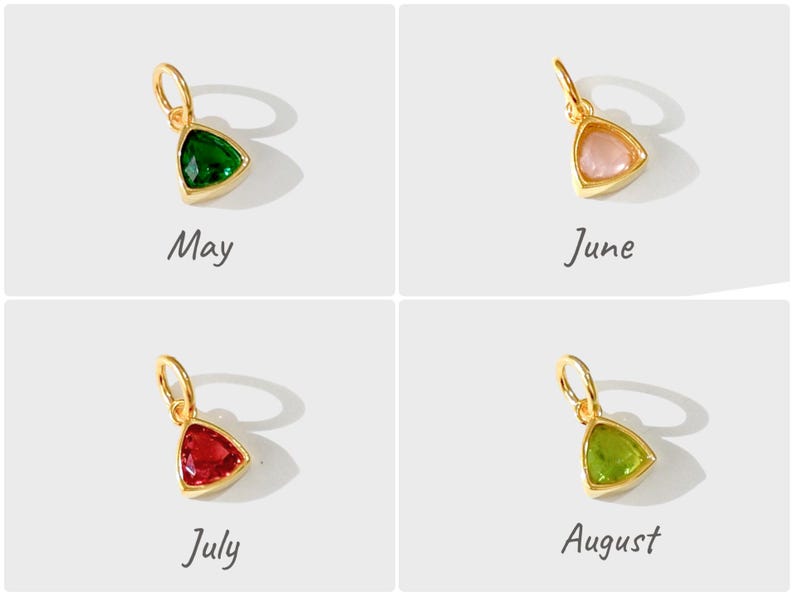 14k gold vermeil birthstone charms in a triangular bezel setting, each featuring a different colored gemstone, arranged neatly on a white background. Designed for necklaces and bracelets.