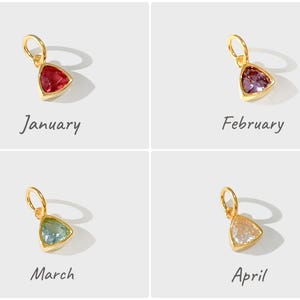 14k gold vermeil birthstone charms in a triangular bezel setting, each featuring a different colored gemstone, arranged neatly on a white background. Designed for necklaces and bracelets.
