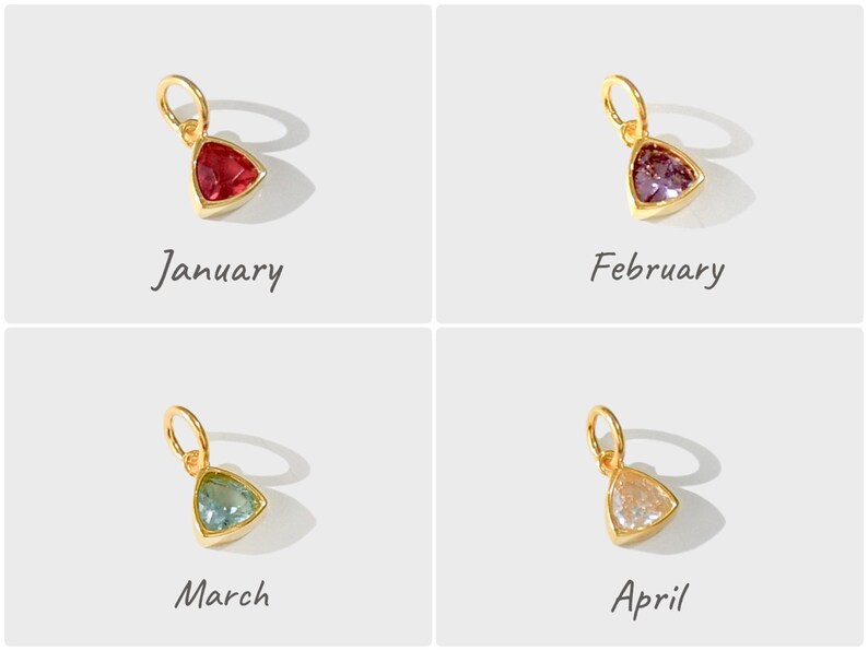 14k gold vermeil birthstone charms in a triangular bezel setting, each featuring a different colored gemstone, arranged neatly on a white background. Designed for necklaces and bracelets.