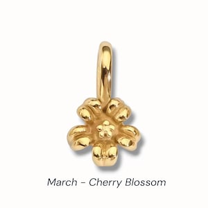 Gold birth flower charm representing each month, featuring a delicate embossed floral design on a round gold pendant — a personalized jewelry gift for her.