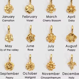 Gold birth flower charm representing each month, featuring a delicate embossed floral design on a round gold pendant — a personalized jewelry gift for her.