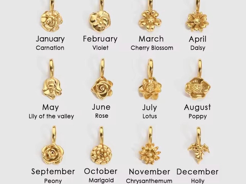 Gold birth flower charm representing each month, featuring a delicate embossed floral design on a round gold pendant — a personalized jewelry gift for her.
