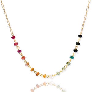 May include: A gold chain necklace with small, colorful gemstones. The gemstones are arranged in a rainbow pattern, with red, orange, yellow, green, blue, and purple stones.