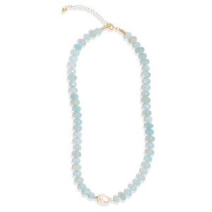 Light blue aquamarine Gem Necklace hand made with silver and gold spacer beads. 
 It is a beautiful Boho Chic Statement Necklace for the Summer in colors of soft  blue.