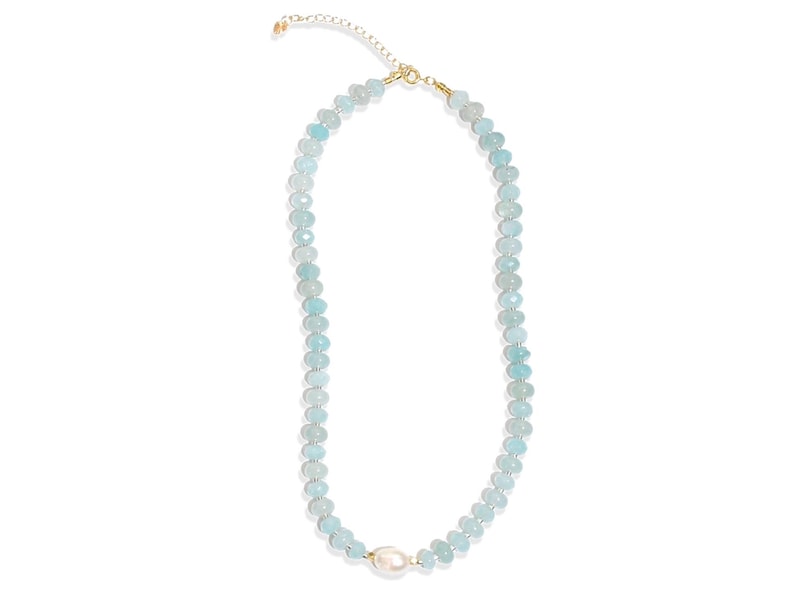 Light blue aquamarine Gem Necklace hand made with silver and gold spacer beads. 
 It is a beautiful Boho Chic Statement Necklace for the Summer in colors of soft  blue.
