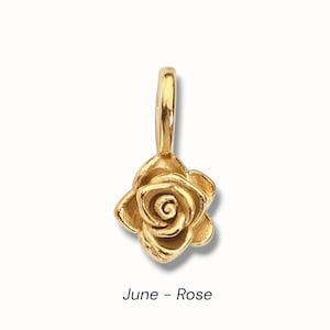 Gold birth flower charm representing each month, featuring a delicate embossed floral design on a round gold pendant — a personalized jewelry gift for her.