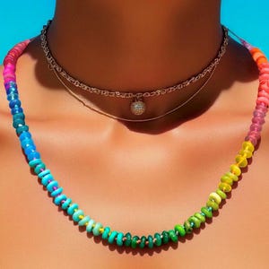 Neon Rainbow Beaded Gemstone Necklace, Colorful Knotted Gem Necklace,  Charm Necklace Boho Chic Style