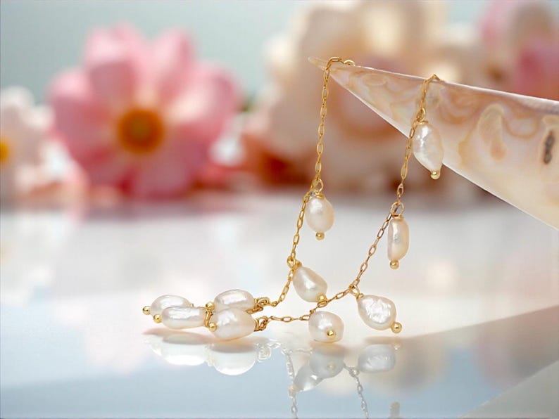 Sierlijke zoetwaterparelketting: 14k gouden vermeilketting, bruidssieraden afbeelding 8