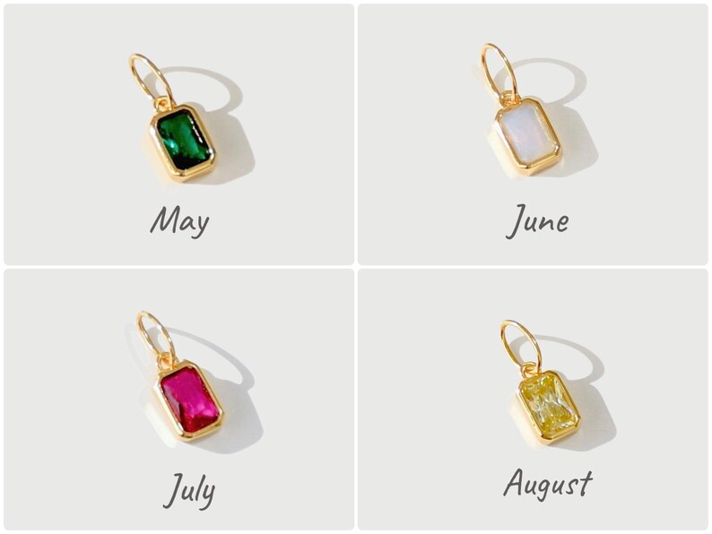 Gold birthstone charms featuring bezel-set gemstones for each month, designed for custom necklaces and bracelets.  14k gold vermeil 925 Sterling silver