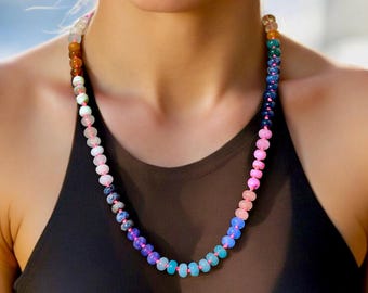 Hand-Knotted Rainbow Gemstone Necklace: Boho Chic Beaded Jewelry