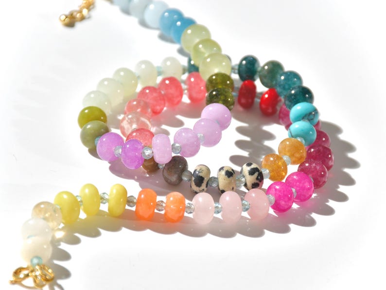 A rainbow multi-gemstone necklace from natural semi precious gemstones and apatite beads.  This necklace is sure to add a pop of color to any outfit