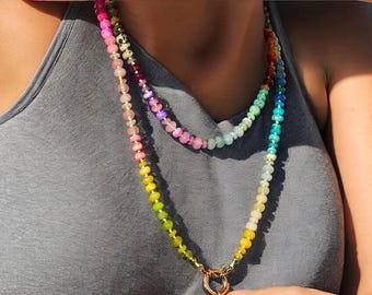 Hand-Knotted Rainbow Gemstone Necklace: Long Beaded Boho Jewelry