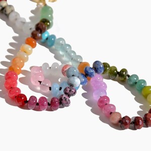Candy Colored Beaded Gemstone Choker Necklace featuring amethysts, citrines, sunstone, jades, rose quartz & opal rainbow beads.   It is a beautiful Boho Chic Statement necklace for the Summer in bright neon pinks, purples, oranges, greens & yellows.