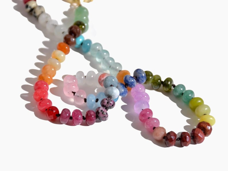 Candy Colored Beaded Gemstone Choker Necklace featuring amethysts, citrines, sunstone, jades, rose quartz & opal rainbow beads.   It is a beautiful Boho Chic Statement necklace for the Summer in bright neon pinks, purples, oranges, greens & yellows.