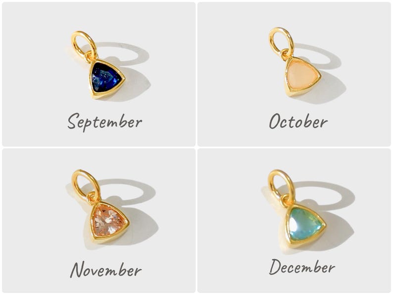 14k gold vermeil birthstone charms in a triangular bezel setting, each featuring a different colored gemstone, arranged neatly on a white background. Designed for necklaces and bracelets.