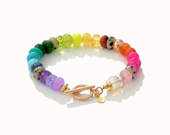 Rainbow Gemstone Bracelet: Colorful Rondelle Bead Boho Jewelry