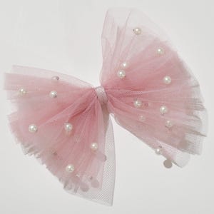 Big bow clips w/ ivory tulle and pearls, for wedding hair updos, bridal hair piece, bridal hair clip & comb, flowering girl hair clip, wedding hair accessories, bridesmaids accessories, flower girl headband, gray bow, dusty rose pink bow with pearls